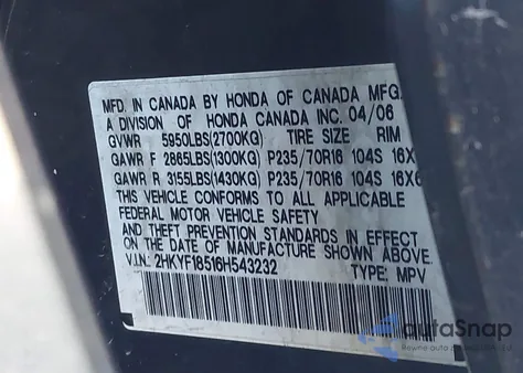 2006 Honda Pilot Ex-L z USA, uszkodzony, nr VIN 2HKYF18516H543232